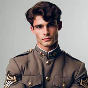 Confident Young Caucasian Man in Traditional Military Academy Uniform