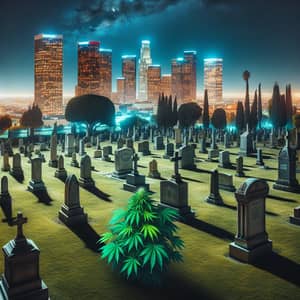 Los Angeles Night Cityscape with Graveyard and Cannabis Plant