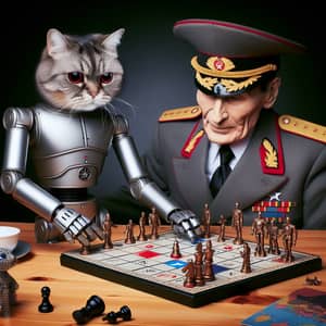 Robot Cat Playing Board Game with Politician - Strategic and Fun