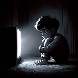 Sad South Asian Boy Alone in Dimly-Lit Room Watching TV