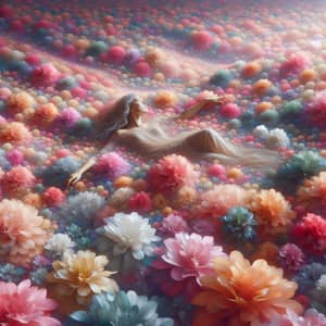 Surreal Woman Floating in Vibrant Flower Field | Dreamy Art