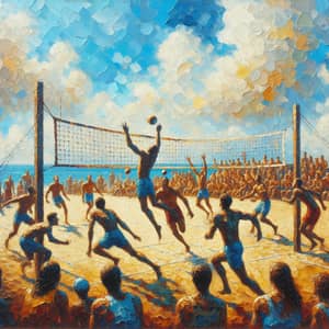 Lively Volleyball Match in Oil Painting