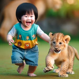 Asian Baby Boy Chasing Lion Cub in Grass Field