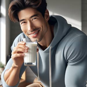 Smiling Asian Man Enjoying a Glass of Milk | Tranquil Kitchen Scene