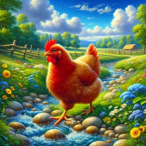 Docile Chicken in Idyllic Countryside Setting