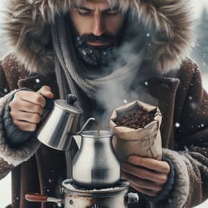 Middle-Eastern Man Making Coffee in Winter Scene