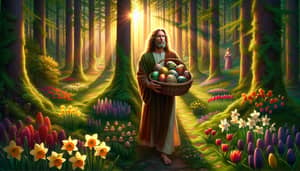 Biblical Figure in Lush Forest: Easter Eggs & Blooms