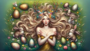 Beautiful Goddess in Field of Grass with Bunnies and Easter Eggs