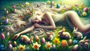 Sensual Goddess in Dreamy Spring Scene with Bunnies and Colorful Eggs