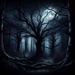 Eerie Midnight Forest: Haunting Silhouettes, Chilling Atmosphere