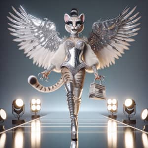 Anthropomorphic Feline with Makeup and Silver Wings on Glamorous Stage