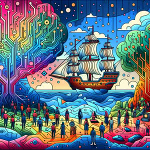 Cartoon Landscape: Nature & Technology Fusion with Odyssey-Style Ship