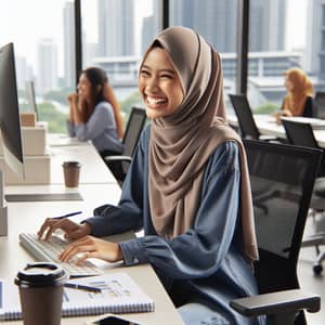 Joyful 28-Year-Old Malay Woman in Hijab at Office Setting