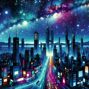 Futuristic Cityscape: Radiant Hues & Starlit Skies