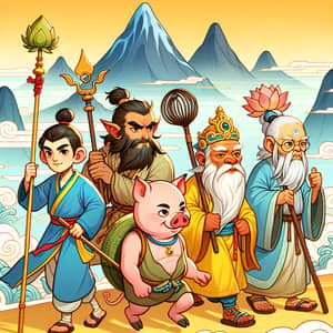 Colorful Journey to the West: Monkey, Pig, Elderly Man & Young Monk
