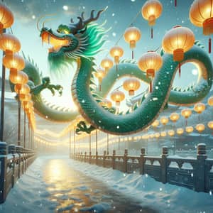 Green Chinese Dragon in Winter Setting | Chinese New Year Festivities