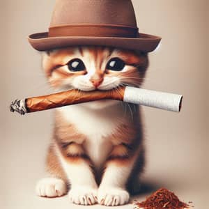 Adorable Cat with Quirky Hat and Tobacco - Whimsical Feline Image