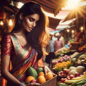 Colorful South Asian Woman in Traditional Sari at Market