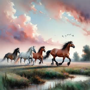 Tranquil Watercolor Painting of Four Horses in Meadow