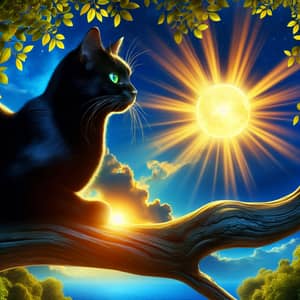 Radiant Sun and Elegant Black Cat - Serene Nature Scene