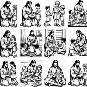 Religious Coloring Book Illustrations of Jesus with Diverse Children