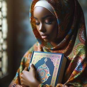 African Woman in Hijab Holding Sacred Al-Quran | Islamic Art Serenity