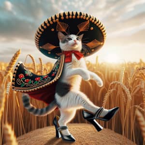 Cat Dancing Salsa in Wheat Field with Charro Hat and High-Heeled Shoes