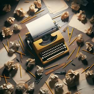 Vintage 1970s Scene with Yellow Typewriter and Pencils