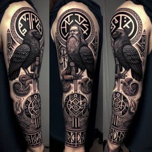 Scandinavian Style Odin Tattoo with Ravens, Runes & Ornamental Sleeve Designs