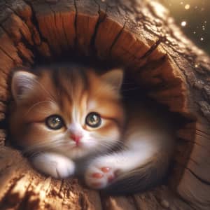 Adorable Kitten Nestled in Tree Log | Cute White & Caramel Fur