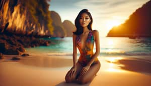 Exotic Asian Girl in Vibrant Swimsuit on Tropical Beach