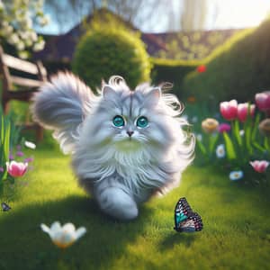 Fluffy Cat Playfully Prancing in Vibrant Garden