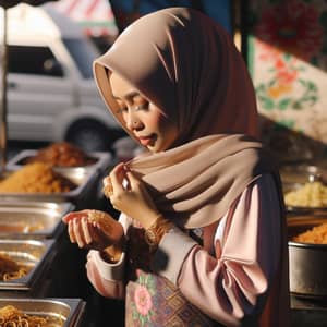 Malaysian Malay Hijabi Woman Admiring Gold Jewelry at Food Booth