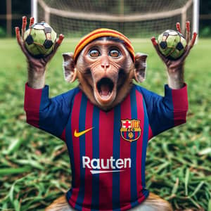 Excited FC Barcelona Monkey Celebrating Victory with Banana Leaf Soccer Ball