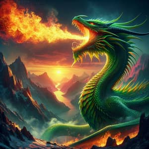 Majestic Green Dragon Breathing Fire in Mountainous Sunset