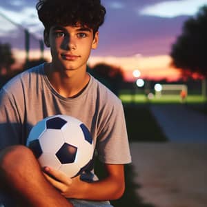 Middle-Eastern Teenager Playing Soccer at Dusk in the Park