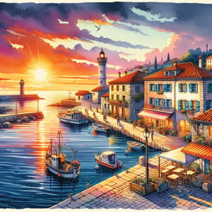 Tranquil Coastal Town | Vibrant Watercolor Illustration