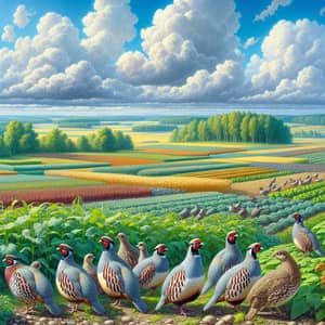 Grey Partridges near Vibrant Cultivated Field