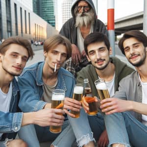 Young Men Toasting Beer in Urban Setting | Unwell Man in Background