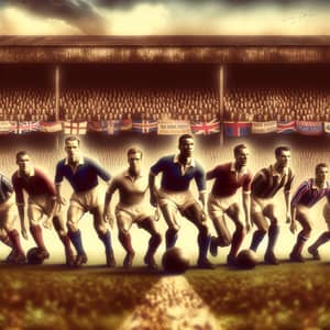 Vintage-style Photo of Diverse Male Football Players on Historic Pitch