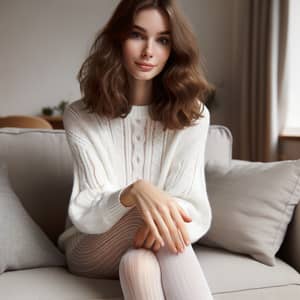 Caucasian Woman in White Tights Sitting on Couch