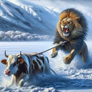 Powerful Middle-Eastern Male Lion Exerting Strength in Snowy Wilderness