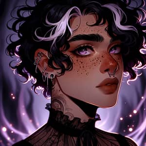 Feminine Gothic Boy with Silver Eyes | Eerie Purple Flames