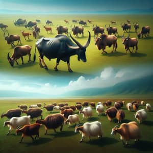 Serene Grassland Scene: Goats Grazing Among Banteng Bulls