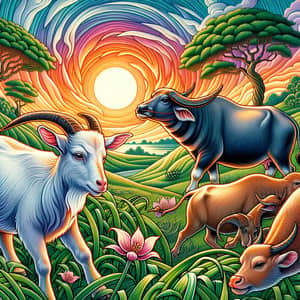 Serene Nature Scene with Goat and Buffalo Grazing