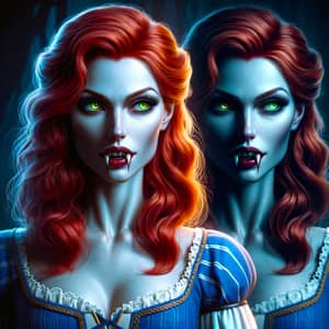 Female Vampire Sorceress with Fiery Red Hair in Blue Dress