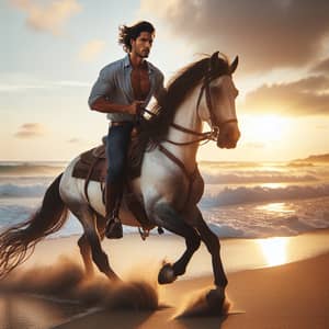 Hispanic Man Riding Stallion on Beach at Sunset