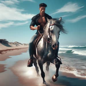 Hispanic Man on Stallion Galloping Down Sandy Beach