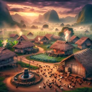 Tranquil Village Scene with Thatched Huts and Chickens