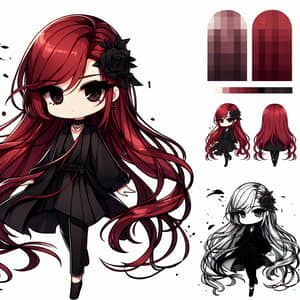 Chibi-Style Character with Striking Black Eyes and Long Red Hair